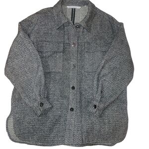 Vero Black and White Herringbone Button-Up Wool Blend Shacket Utility Jacket